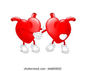 Two hearts character hand shake. symbol of harmony. Contract, cooperation and teamwork concept. Vector illustration isolated on white background.