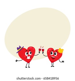 Two hearts clinking glasses, celebrating, couple in love concept, cartoon vector illustration with space for text. Funny couple of hearts with glasses, Valentine day, wedding celebration concept