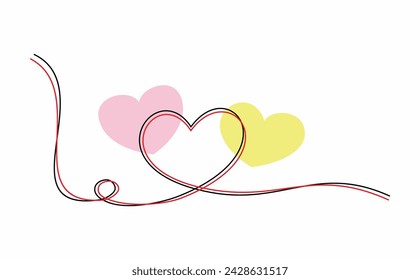Two hearts collide with water color spot. Artistic outline heart shape for design element.