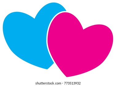 Two hearts. Concept for love, passion, valentine, Valentines day isolated on white background. Pink and blue