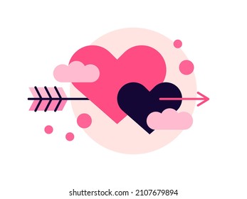 Two hearts connected with arrow and flying in the pink clouds. Love. Modern flat illustration. Vector file.
