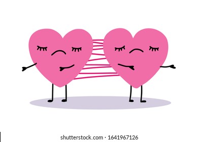Two hearts connected by net slime hand drawn vector illustration in cartoon comic style codependency poster print card