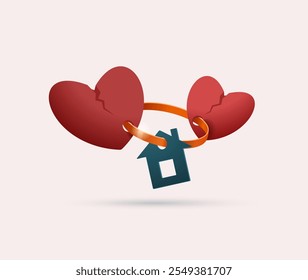 Two hearts connected by a wedding ring with a keychain at home. Concept of unhappy life together because of an apartment or house. Vector illustration.