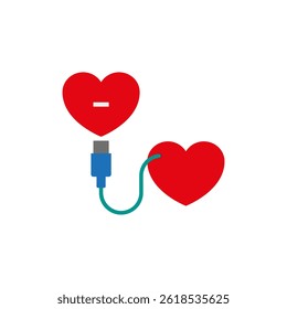 Two hearts connected by wire, cord and USB cable. Color vector illustration on white background.
