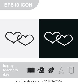 Two hearts connected flat black and white vector icon.