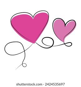 Dos corazones conectados, una línea de símbolos de amor boceto, ilustración vectorial