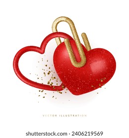 Two hearts connected with a paper clip. Love, Wedding, Valentine's Day concept. Vector illustration in 3D style style