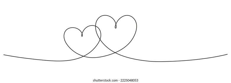 Two hearts continuous line art drawing. Double heart wavy line. Vector illustration isolated on white. svg