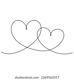 Two hearts continuous line art drawing. Double heart wavy line. Vector illustration isolated on white.