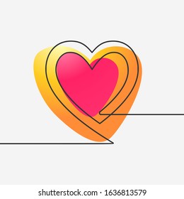 Two hearts continuous line drawing with liquid gradient, Vector minimalist illustration of love concept