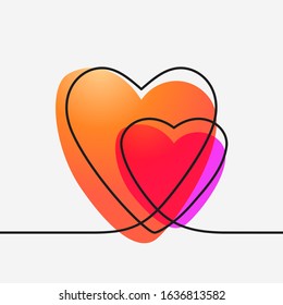 Two hearts continuous line drawing with liquid gradient, Vector minimalist illustration of love concept