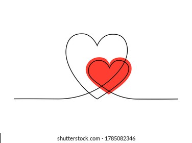 Two hearts continuous line drawing. Minimalist design red heart for cards and posters. Vector hand drawn illustration isolated on white background. Love, relationships, wedding concept