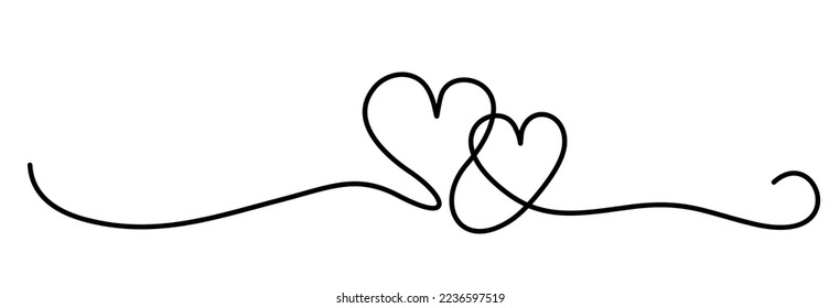 Two hearts continuous line drawing. Romantic continuous one line drawing connecting two hearts, love valentine sign. Hearts couple trendy one line abstract illustration. Love minimalist contour art.
