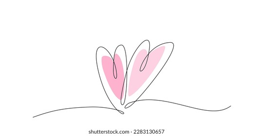 Two hearts continuous line drawing. Heart scribble. Single line Valentines background with pink heart. One line drawing of hearts couple. Handdrawn doodle illustration. Love minimalist vector simbols