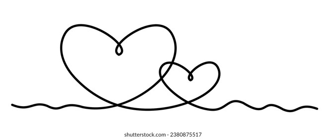 Dibujo continuo de dos corazones. Romántico contínuo dibujo de una línea que conecta dos corazones, signo de amor de la valentina. Corazones a la moda una línea de ilustración abstracta. Amar el arte de contorno minimalista.