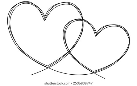 Two hearts continuous line drawing. Double heart wavy line. Vector illustration isolated on white.