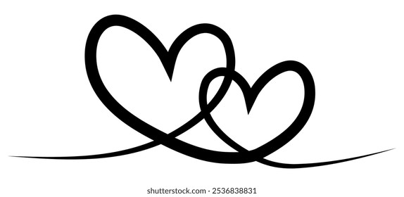 Two hearts continuous line drawing. Double heart wavy line. Vector illustration isolated on white.