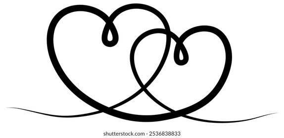 Two hearts continuous line drawing. Double heart wavy line. Vector illustration isolated on white.