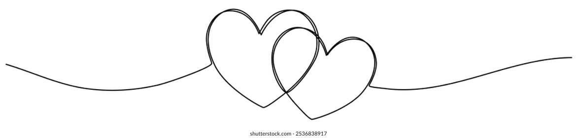 Two hearts continuous line drawing. Double heart wavy line. Vector illustration isolated on white.