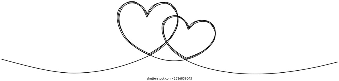 Two hearts continuous line drawing. Double heart wavy line. Vector illustration isolated on white.