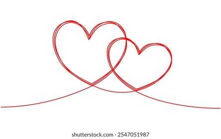 Dos corazones de dibujo de línea continua. Línea ondulada de doble corazón. Concepto de relación. Ilustración vectorial aislada en blanco.