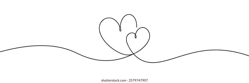 Two hearts. Continuous line drawing. Banner for valentine's day. Abstract hearts. Vector illustration.