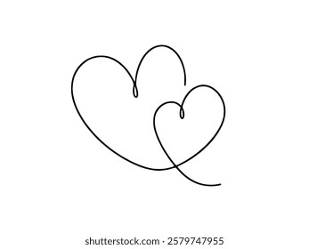 Two hearts. Continuous line drawing. Banner for valentine's day. Abstract hearts. Vector illustration.