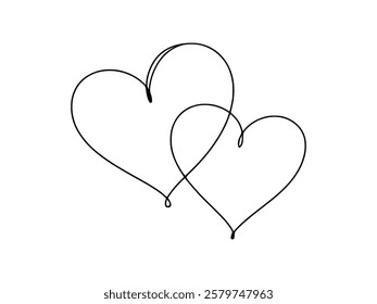 Two hearts. Continuous line drawing. Banner for valentine's day. Abstract hearts. Vector illustration.