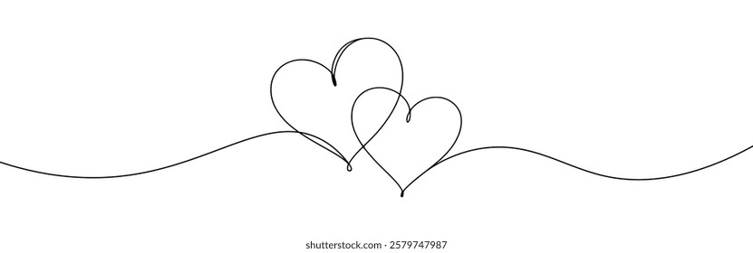 Two hearts. Continuous line drawing. Banner for valentine's day. Abstract hearts. Vector illustration.