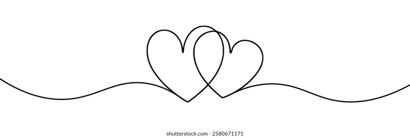 Two hearts. Continuous line drawing. Banner for valentine's day. Abstract hearts. Vector illustration.