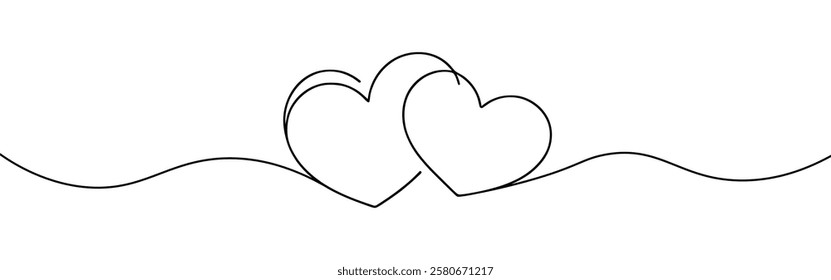 Two hearts. Continuous line drawing. Banner for valentine's day. Abstract hearts. Vector illustration.