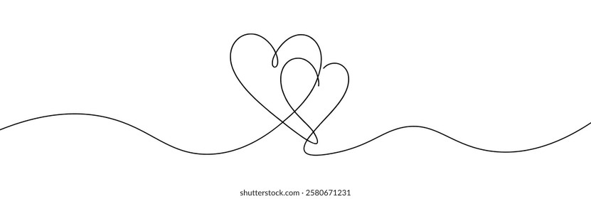 Two hearts. Continuous line drawing. Banner for valentine's day. Abstract hearts. Vector illustration.