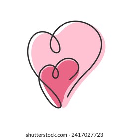 Two hearts continuous line drawn. Doodle minimalistic romantic illustration. Love, relationship, couple, family concept. Design element for wedding, Valentine's Day, Mothers Day