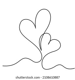 Two Hearts Continuous One Line Drawing. Valentines day concept. Hearts Couple Trendy Minimalist Illustration. Love Minimalist Contour Art. Vector illustration