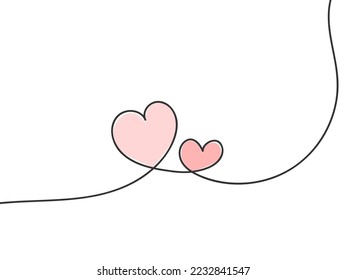 Two Hearts Continuous One Line Drawing. Hearts Couple Minimalist Illustration. Contour Art love concept. Valentines day Vector illustration