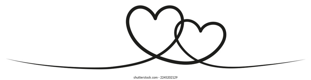 Two hearts continuous one line art. Double heart wavy sketch line. Vector hand drawn illustration isolated on white. svg