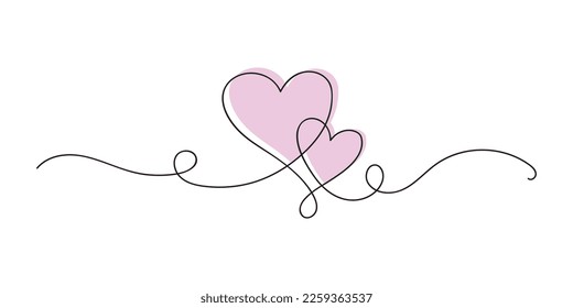 Two hearts continuous one line art drawing, valentines day concept, heart love couple outline artistic isolated vector illustration on white background.