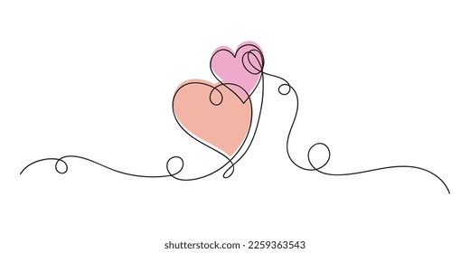 Two hearts continuous one line art drawing, valentines day concept, heart love couple outline artistic isolated vector illustration on white background.