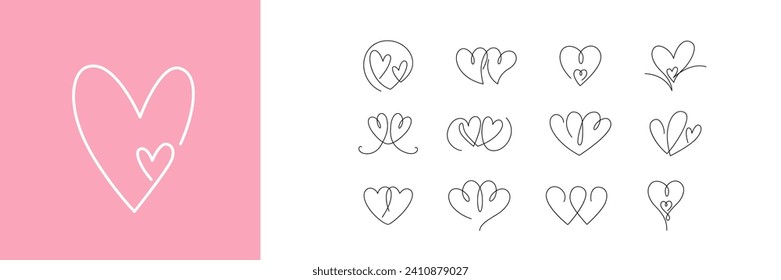 Two hearts continuous one line draw vector illustration set. Hearts couple, love concept in trendy minimalist modern style. Logo, icon for Valentines Day, wedding greeting cards.