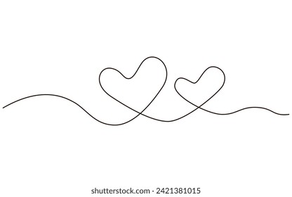 Two hearts continuous one line symbol drawing. Love romantic icon in simple linear doodle style vector illustration with editable stroke. Design for wedding festive card