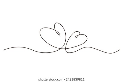 Two hearts continuous one line symbol drawing. Love romantic icon in simple linear doodle style vector illustration with editable stroke. Design for wedding festive card