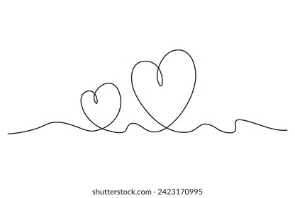 Two hearts continuous one line symbol drawing. Love romantic icon in simple linear doodle style vector illustration with editable stroke. Design for wedding festive card