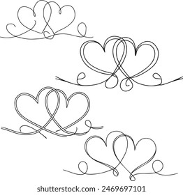 Dos Corazones Continuos Una Línea De Dibujo. Concepto de San Valentín. Ilustración minimalista de moda de la pareja de corazones. Amor Minimalista Contour Art. Ilustración vectorial