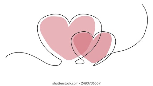 Dos Corazones Continuos Una Línea De Dibujo. Concepto de San Valentín. Ilustración minimalista de moda de la pareja de corazones. Amor minimalista contorno arte. 