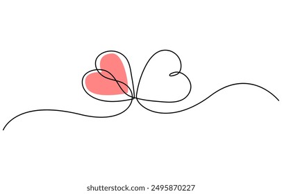 Two Hearts Continuous One Line Drawing. Valentines day concept, One continuous drawing of heart shape love sign. outline and romantic symbol, Heart background valentine day design, one line draw