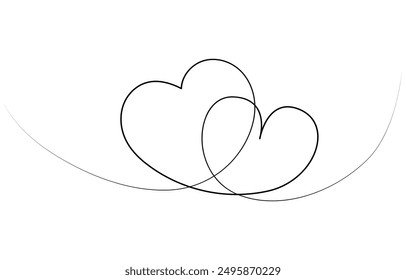 Two Hearts Continuous One Line Drawing. Valentines day concept, One continuous drawing of heart shape love sign. outline and romantic symbol, Heart background valentine day design, one line draw