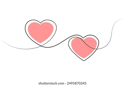 Two Hearts Continuous One Line Drawing. Valentines day concept, One continuous drawing of heart shape love sign. outline and romantic symbol, Heart background valentine day design, one line draw
