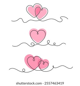 Two hearts continuous one line. Red hearts in one line sketch style, big love and Valentines day concept for lovers. Minimalist heart linear design for wedding card. Isolated vector set.