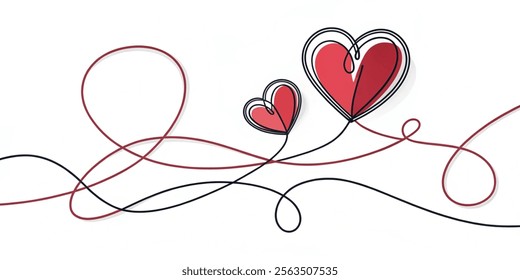 Two Hearts Continuous One Line Drawing vector. Valentines day concept. Hearts Couple Trendy Minimalist Illustration. Love Minimalist Contour Art,illustration vector