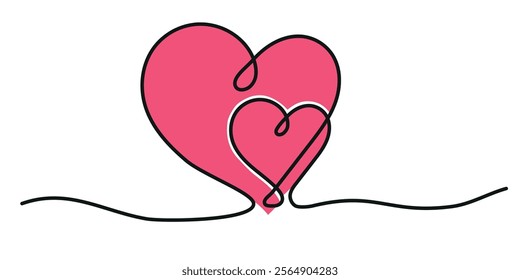 Two Hearts Continuous One Line Drawing vector illustration. Pink color. Symbol of feelings, affection, and relationship.